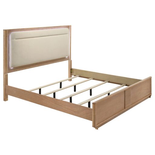 Eastern King LED Panel Bed in off white and light oak with sleek modern design, featuring built-in lighting and contemporary furniture style.