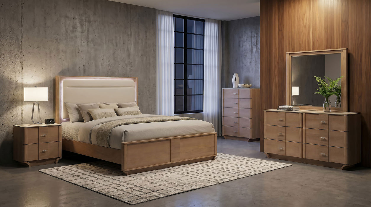 Leanne Eastern King LED Panel Bed Off White and Light Oak