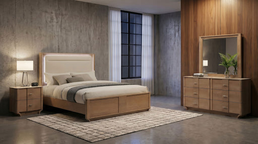 Leanne 4-piece Queen bedroom set by CoasterEveryday with light oak finish, including bed frame, nightstands, and dresser.