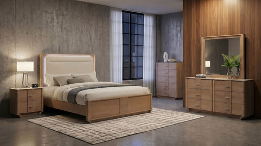 Leanne 5-piece queen bedroom set by CoasterEveryday in light oak finish, including bed frame, nightstands, dresser, and mirror.