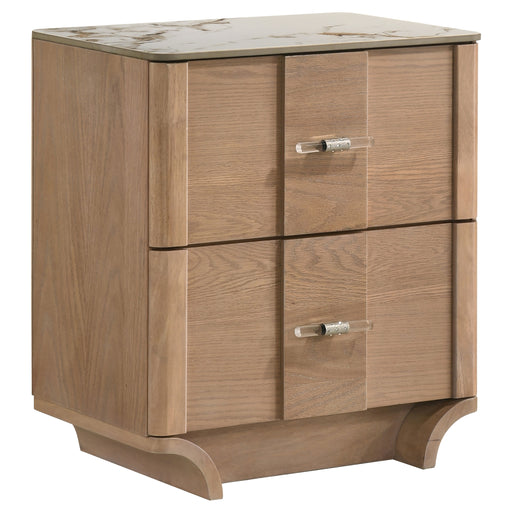 Light oak Leanne 2-drawer nightstand with sinter stone top and modern furniture design, featuring sleek handles and sturdy construction.