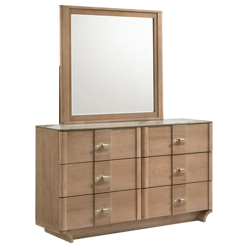 Light oak Leanne 6-drawer dresser with sinter stone top and matching mirror, featuring sleek modern furniture design.
