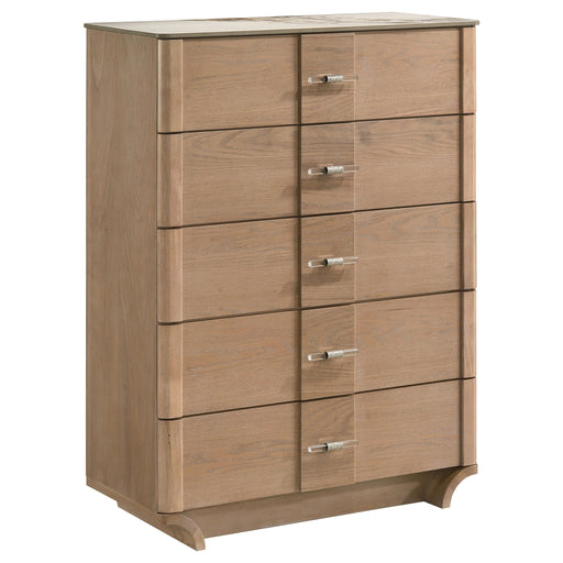 Leanne 5-drawer Sinter Stone Top Chest of Drawers in light oak wood with sleek handles, showcasing modern furniture design.