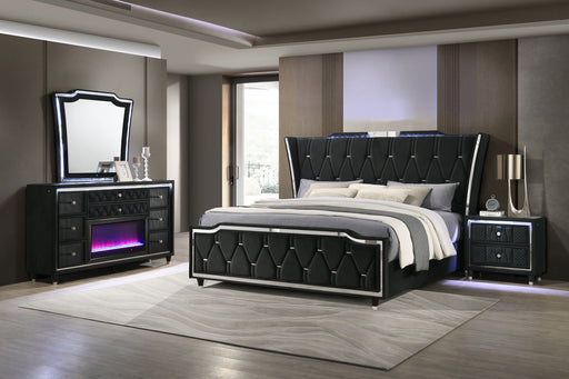 Lorient black California King bedroom furniture set by CoasterEveryday, includes bed frame, nightstands, and dresser.