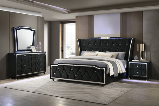 Lorient black California King bedroom set by CoasterEveryday includes four furniture pieces with sleek, modern design and clean lines.