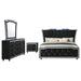 Lorient 4-piece California King bedroom set by CoasterEveryday in black, featuring a bed frame, nightstands, and dresser with modern design.