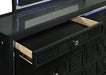 Lorient black 4-piece California King bedroom furniture set by CoasterEveryday, includes bed frame, nightstands, and dresser.