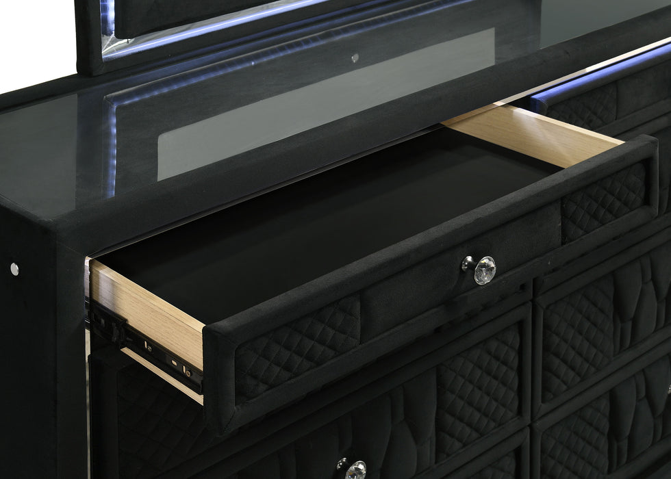 Lorient black 4-piece California King bedroom furniture set by CoasterEveryday, includes bed frame, nightstands, and dresser.