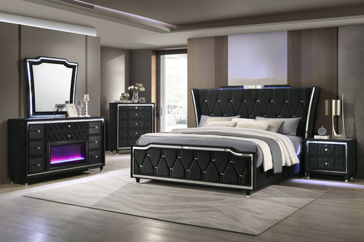 Lorient 5-piece California King bedroom furniture set in black, including bed frame, dresser, and nightstands by CoasterEveryday