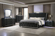 Lorient 5-piece California King bedroom set by CoasterEveryday in black, including bed frame, nightstands, and dresser, all sleek and modern.