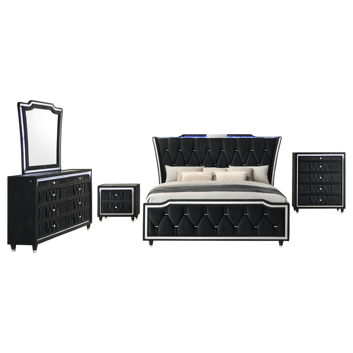 Lorient 5-piece California King bedroom set in black, including bed frame, nightstands, and dresser, by CoasterEveryday.