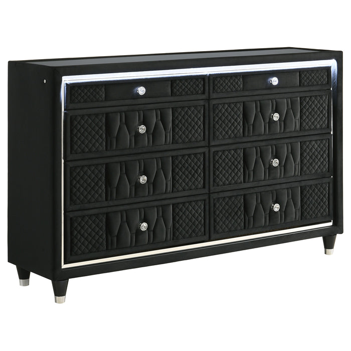 Lorient 5-piece California King bedroom set in black featuring a bed frame, nightstands, dresser, and mirror from CoasterEveryday.