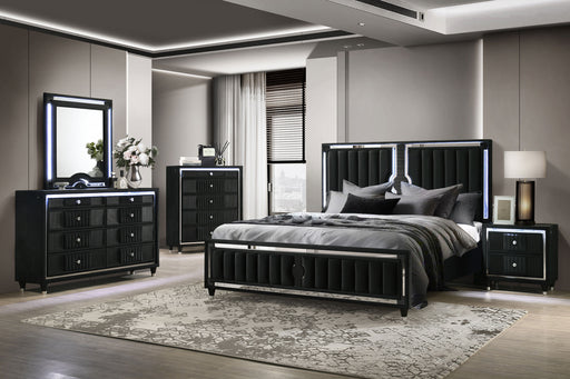 Black Ravenne 5-piece velvet upholstered Eastern King LED bedroom furniture set by CoasterEveryday, includes bed, nightstands, and dresser.