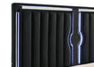 Eastern King LED Panel Bed in black with velvet upholstery, featuring a modern design and sleek black finish.