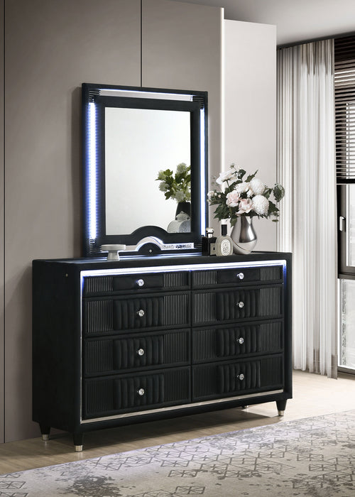 Black Ravenne 8-drawer velvet upholstered LED dresser with matching mirror, modern furniture piece by CoasterEveryday.