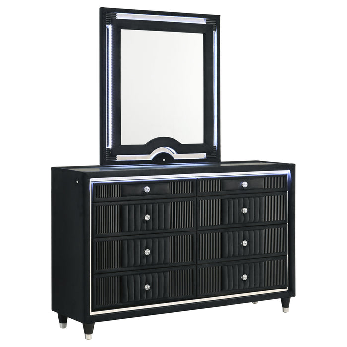 Black velvet upholstered 8-drawer LED dresser with mirror, featuring modern furniture design by CoasterEveryday.