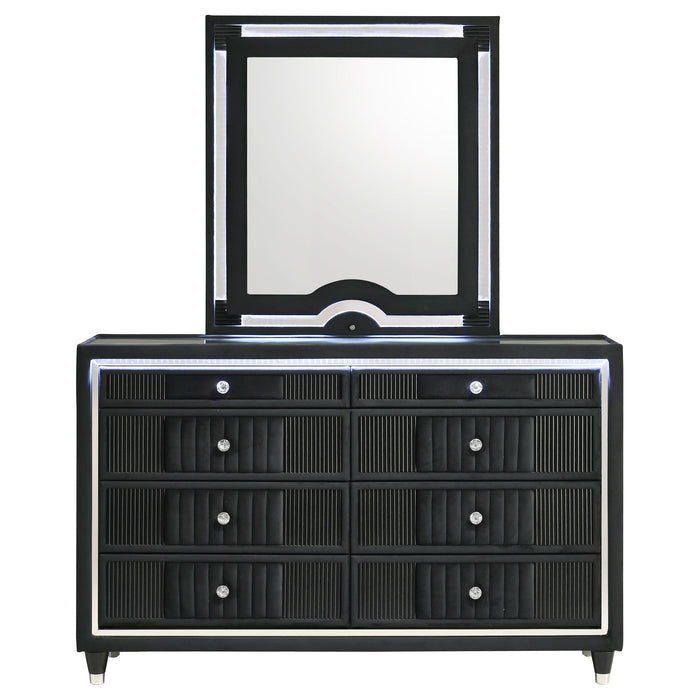 Black velvet upholstered Ravenne 8-drawer LED dresser with mirror, featuring modern furniture design and sleek storage.