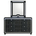 Black velvet upholstered Ravenne 8-drawer LED dresser with mirror, featuring modern furniture design and sleek storage.