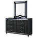 Black Ravenne 8-drawer velvet upholstered LED dresser with mirror, featuring sleek furniture design and modern LED lighting.