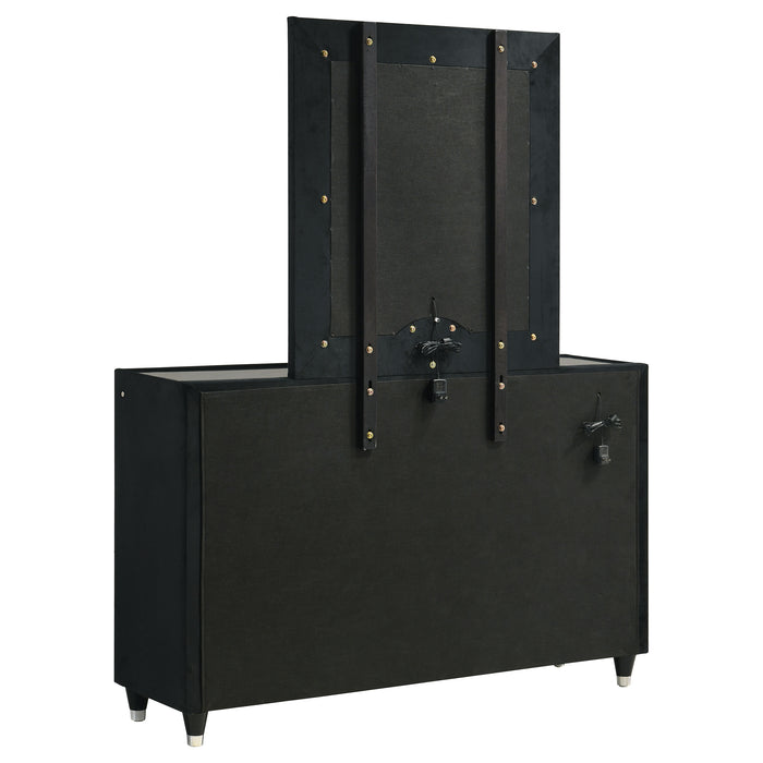 Black Ravenne 8-drawer velvet upholstered LED dresser with matching mirror, modern furniture piece by CoasterEveryday.