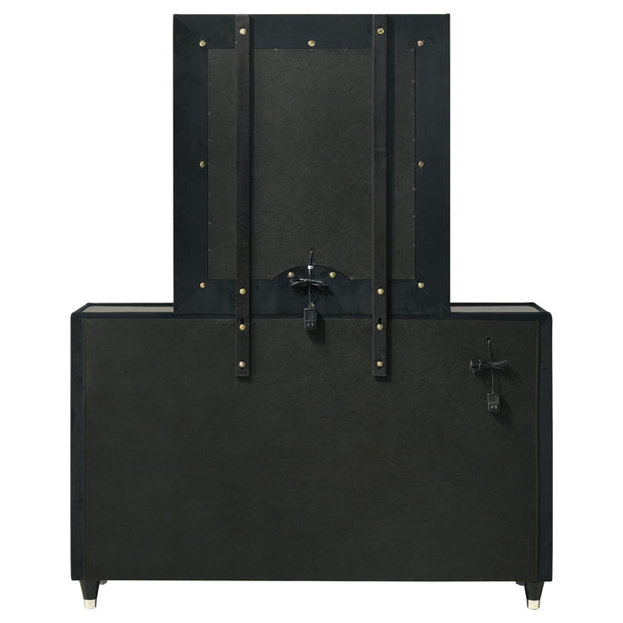 Black Ravenne 8-drawer velvet upholstered LED dresser with mirror, modern furniture piece by CoasterEveryday.