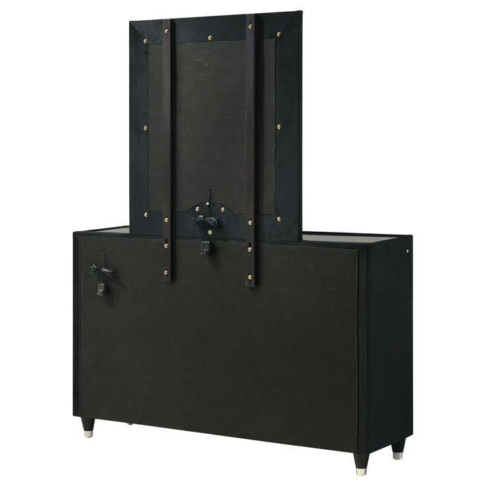 Black velvet upholstered Ravenne 8-drawer LED dresser with mirror from CoasterEveryday, showcasing sleek modern furniture design.