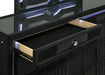 Black Ravenne 8-drawer velvet upholstered LED dresser with mirror, featuring sleek furniture design and modern storage solutions.