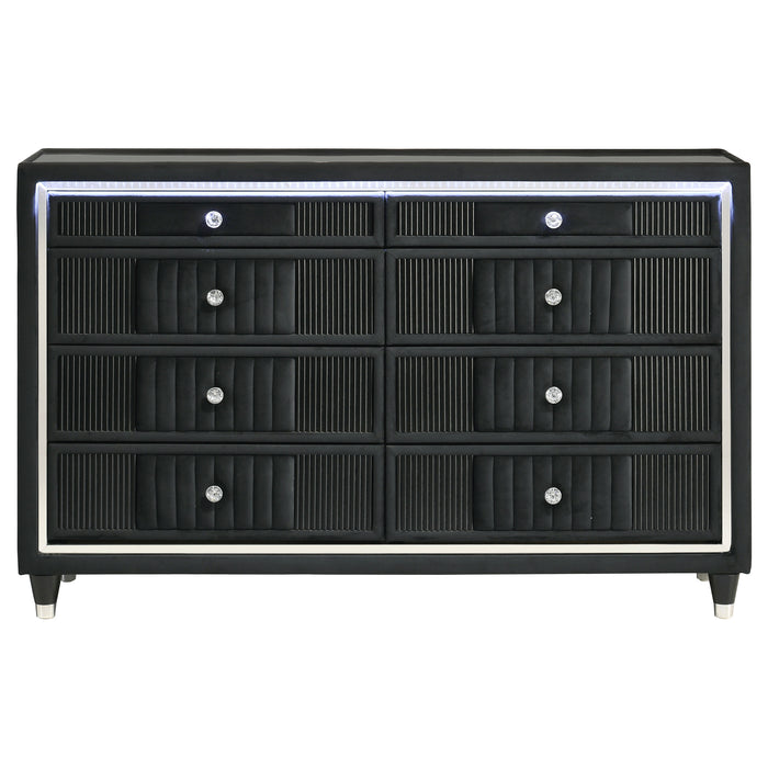 Ravenne 8-drawer Velvet Upholstered LED Dresser Cabinet Black