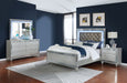 CoasterEssence Gunnison 4-piece Eastern King bedroom set in silver metallic finish, featuring a bed frame, nightstands, and dresser.