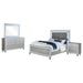 CoasterEssence Gunnison 4-piece Eastern King bedroom set in silver metallic with modern furniture and matching bed, dresser, and nightstands.