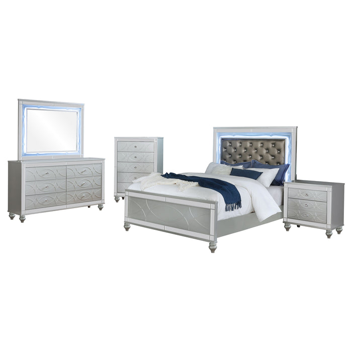 CoasterEssence Gunnison 5-piece Eastern King bedroom set with silver metallic finish, including bed frame, dresser, and nightstands.
