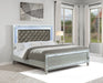 Silver metallic Gunnison Wood Eastern King LED Panel Bed by CoasterEssence, featuring a modern design with illuminated headboard detail.