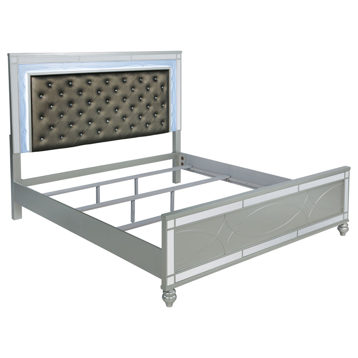 Gunnison Wood Eastern King LED Panel Bed by CoasterEssence in silver metallic finish, featuring sleek modern design and built-in LED panels.