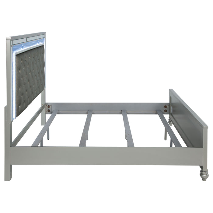 Gunnison Wood Eastern King LED Panel Bed by CoasterEssence with silver metallic finish, featuring sleek modern design and built-in LED lighting