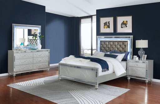 Silver metallic Gunnison 4-piece California King bedroom furniture set by CoasterEssence, including bed frame, nightstands, and dresser.