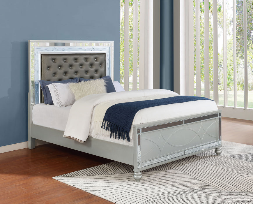 California King LED panel bed in silver metallic finish with sleek wooden frame from CoasterEssence.