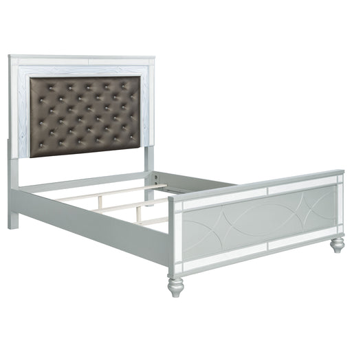 California King LED panel bed by CoasterEssence in silver metallic finish, featuring sleek wood design and modern furniture style.