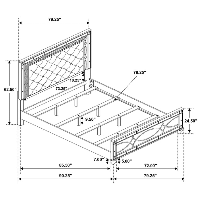 California King LED panel bed by CoasterEssence with silver metallic finish and modern wood design in a furniture setting.