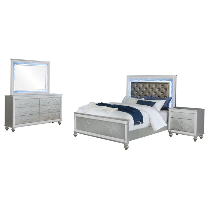 Silver metallic Gunnison 4-piece queen bedroom set by CoasterEssence featuring a bed frame, dresser, mirror, and nightstands.
