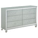 CoasterEssence Gunnison 4-piece queen bedroom set in silver metallic, includes bed frame, nightstands, and dresser with modern design.