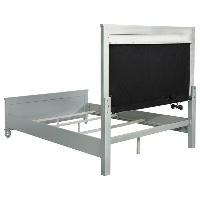 Gunnison 5-piece Queen bedroom set by CoasterEssence featuring silver metallic finish, includes bed frame, nightstands, and dresser.