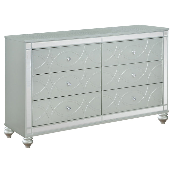 Silver metallic Gunnison 5-piece queen bedroom set by CoasterEssence featuring a bed, nightstands, and dresser with modern design.