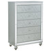 Silver metallic Gunnison 5-piece queen bedroom set by CoasterEssence, includes bed frame, nightstands, dresser, and mirror.