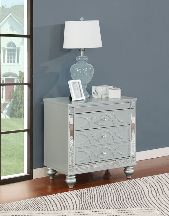 CoasterEssence Gunnison silver metallic 2-drawer nightstand with sleek modern design and metal handles.