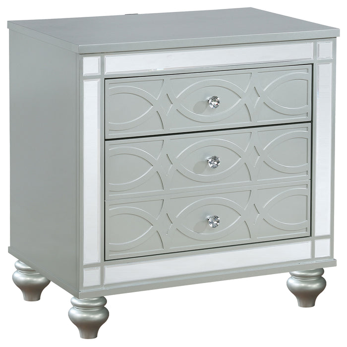 Silver metallic Gunnison 2-drawer nightstand by CoasterEssence, featuring sleek drawers and modern furniture design.