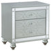 Silver metallic Gunnison 2-drawer nightstand by CoasterEssence, featuring sleek drawers and modern furniture design.