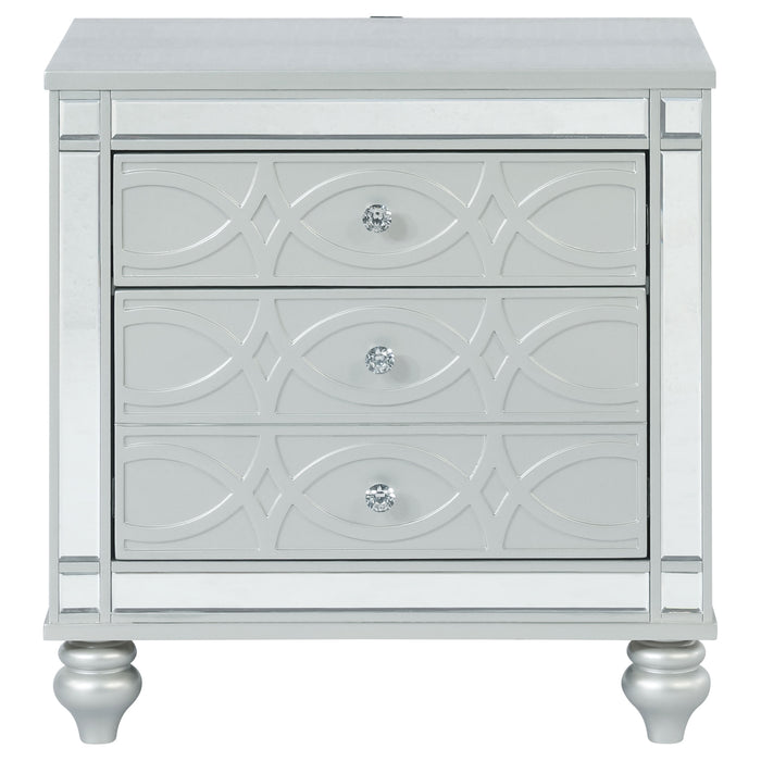 Silver metallic Gunnison 2-drawer nightstand from CoasterEssence featuring sleek modern furniture design and metallic finish.