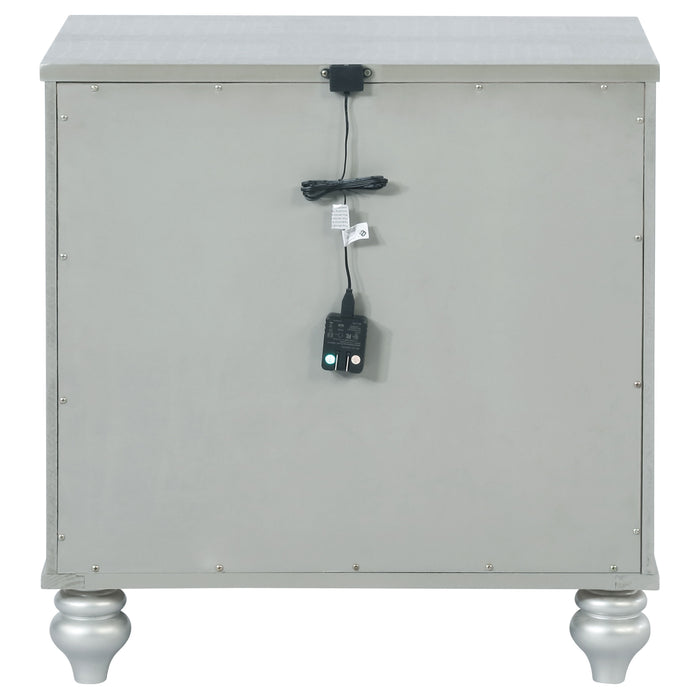 Silver metallic Gunnison 2-drawer nightstand by CoasterEssence, showcasing sleek modern furniture with metallic finish and stylish handles.