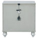 Silver metallic Gunnison 2-drawer nightstand by CoasterEssence, showcasing sleek modern furniture with metallic finish and stylish handles.