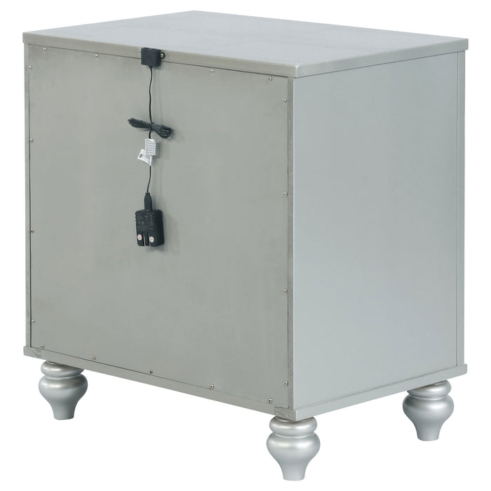 CoasterEssence Gunnison silver metallic 2-drawer nightstand with sleek modern design and sturdy metal handles.